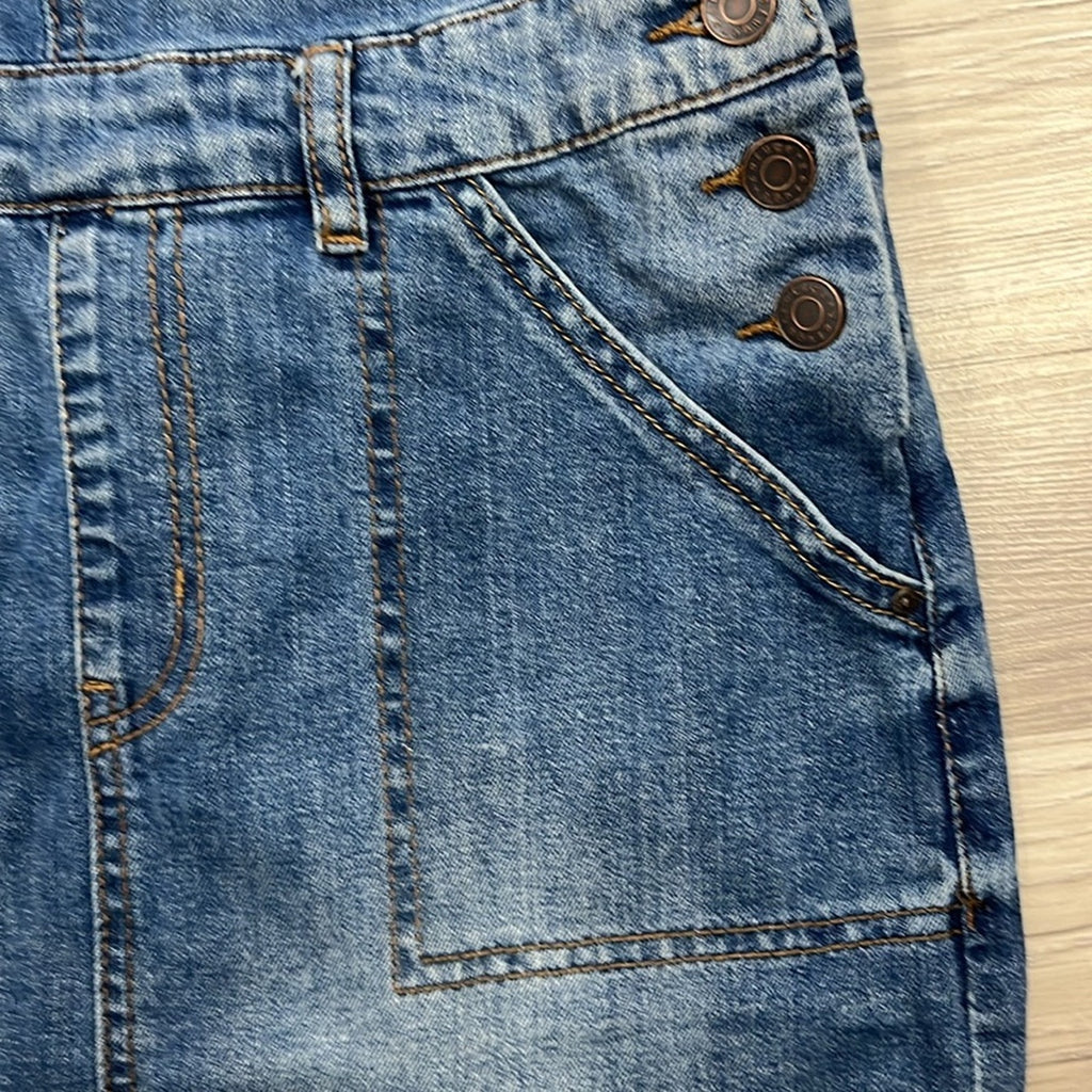 Refuge Blue Denim Overall Mini Skirt Fringe Hem Street Wear Cotton Blend Sz S