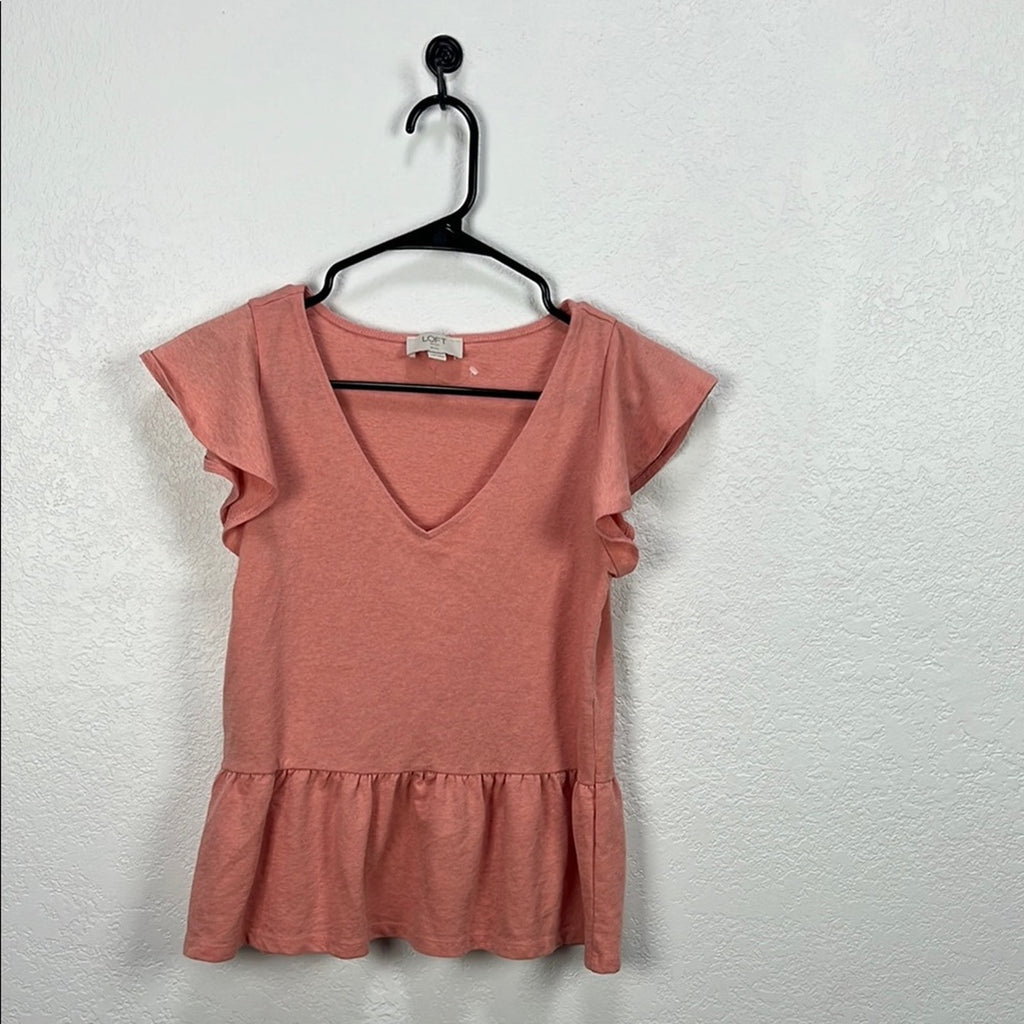 LOFT Women’s Pink Flutter Sleeve Peplum Blouse V Neck Flowy Vacay Wear Sz XXSP