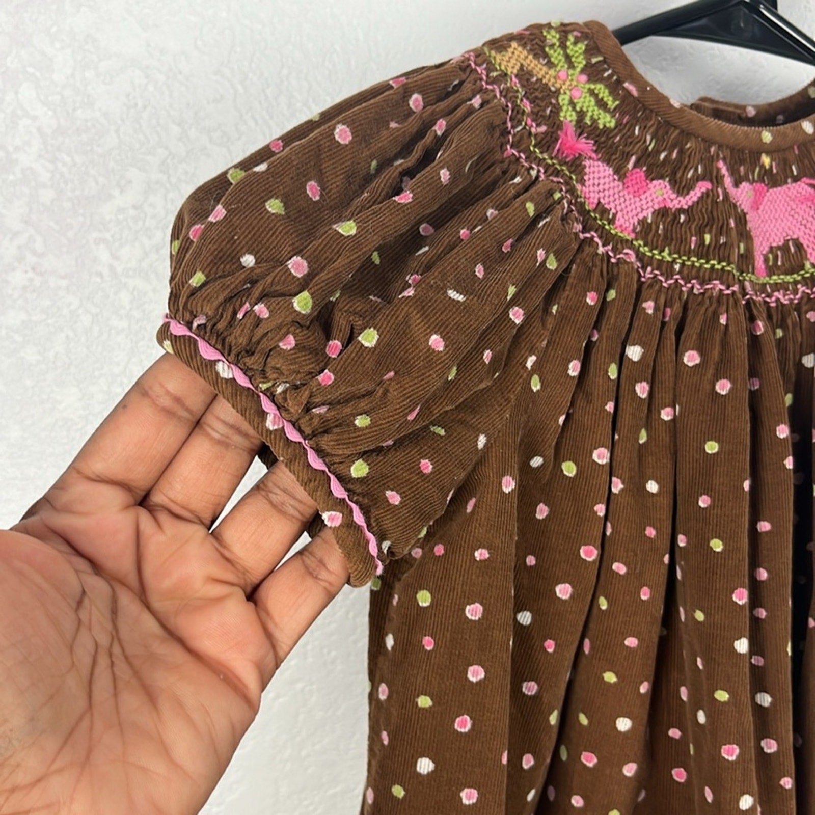 Girl’s Brown Polka Dot Pink Elephants Dress Bishop Smocked Sz 4T Embroidered