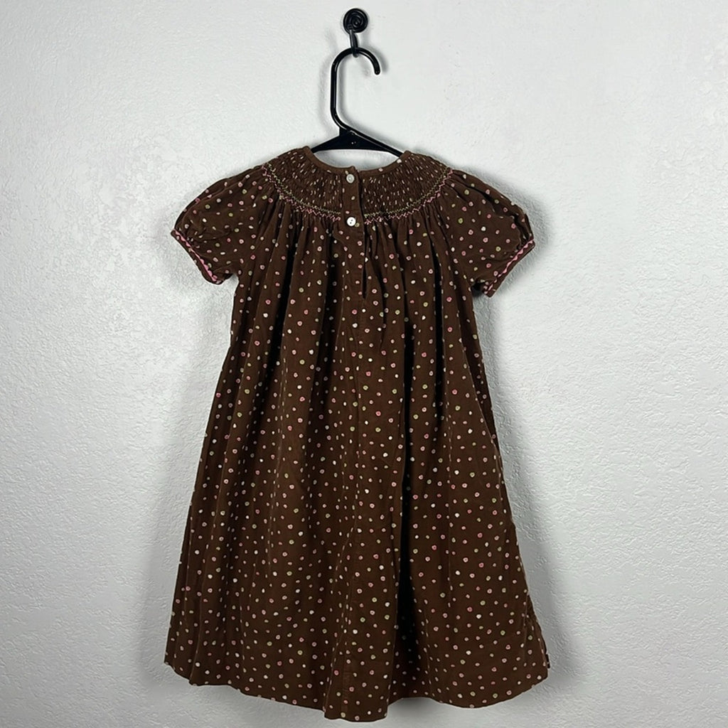Girl’s Brown Polka Dot Pink Elephants Dress Bishop Smocked Sz 4T Embroidered