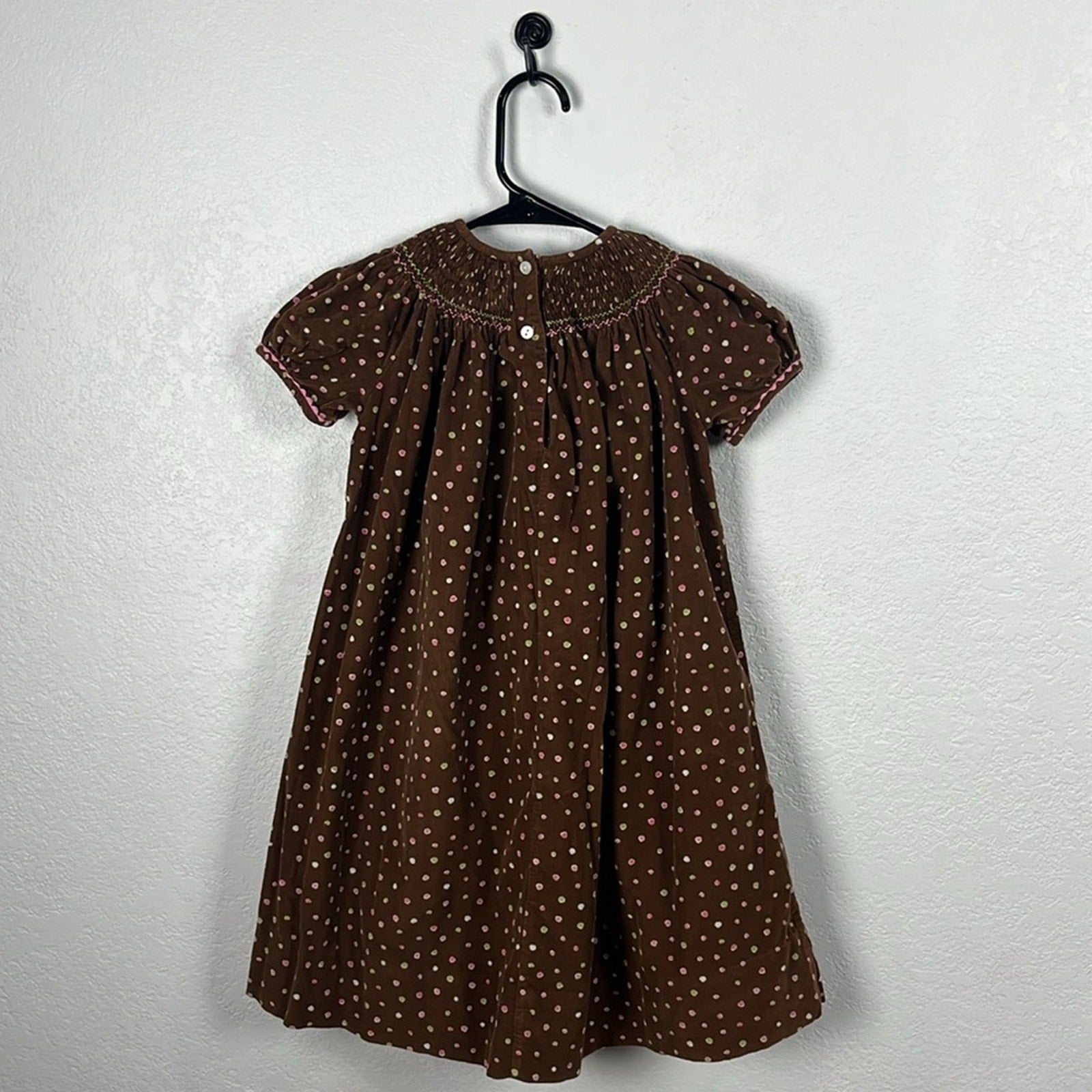 Girl’s Brown Polka Dot Pink Elephants Dress Bishop Smocked Sz 4T Embroidered