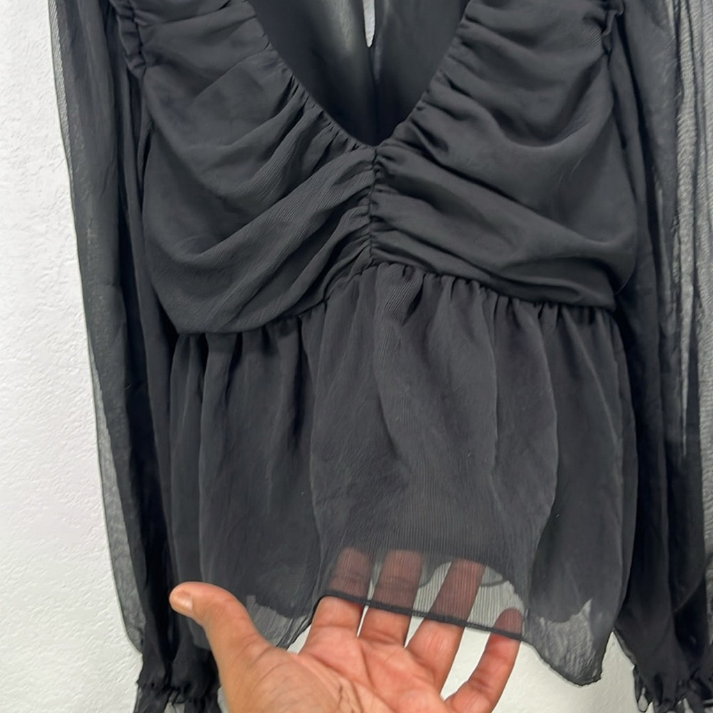 Blu Pepper Womens Black Ruched Ruffled Long Sleeve Blouse Sz L Whimsigoth Witchy