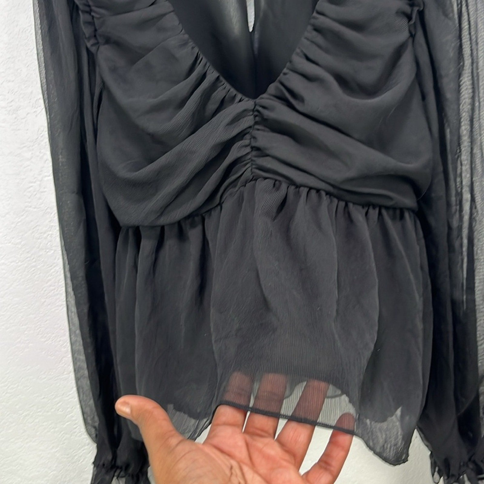 Blu Pepper Womens Black Ruched Ruffled Long Sleeve Blouse Sz L Whimsigoth Witchy
