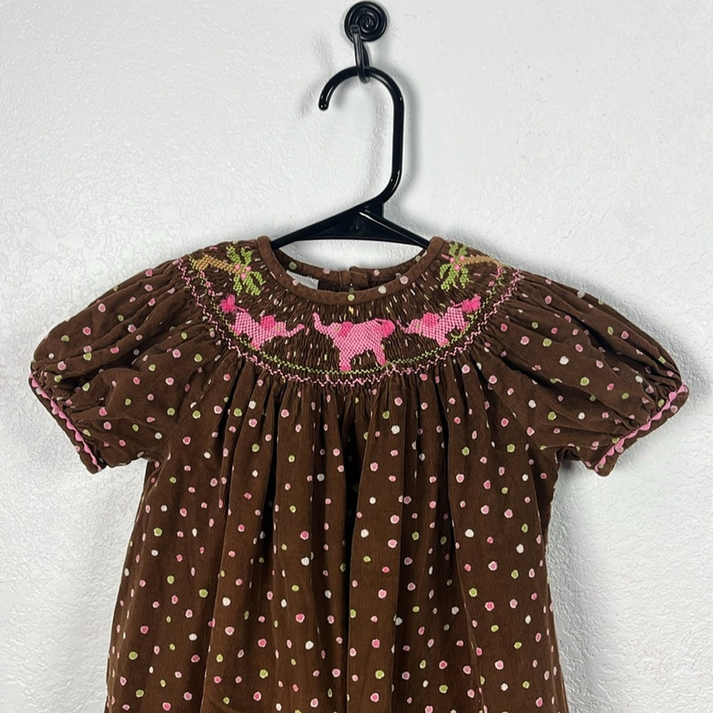 Girl’s Brown Polka Dot Pink Elephants Dress Bishop Smocked Sz 4T Embroidered