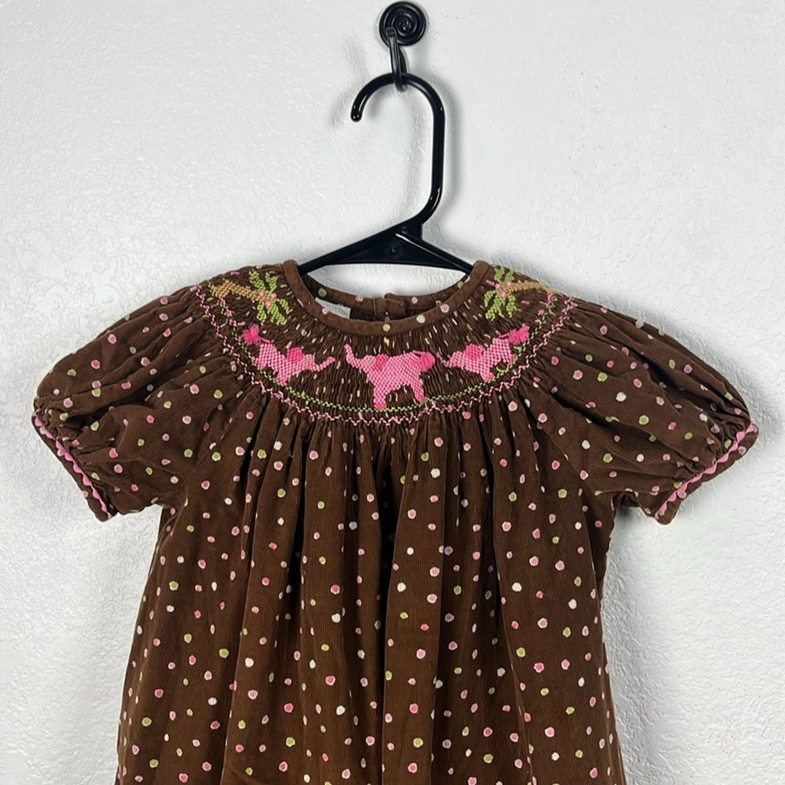 Girl’s Brown Polka Dot Pink Elephants Dress Bishop Smocked Sz 4T Embroidered