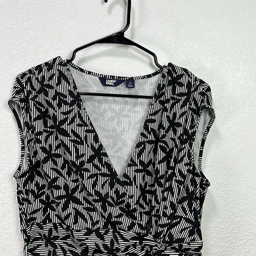 Lands End Dress Sz L(14-16) Black White Striped Floral Sleeveless Front Knot