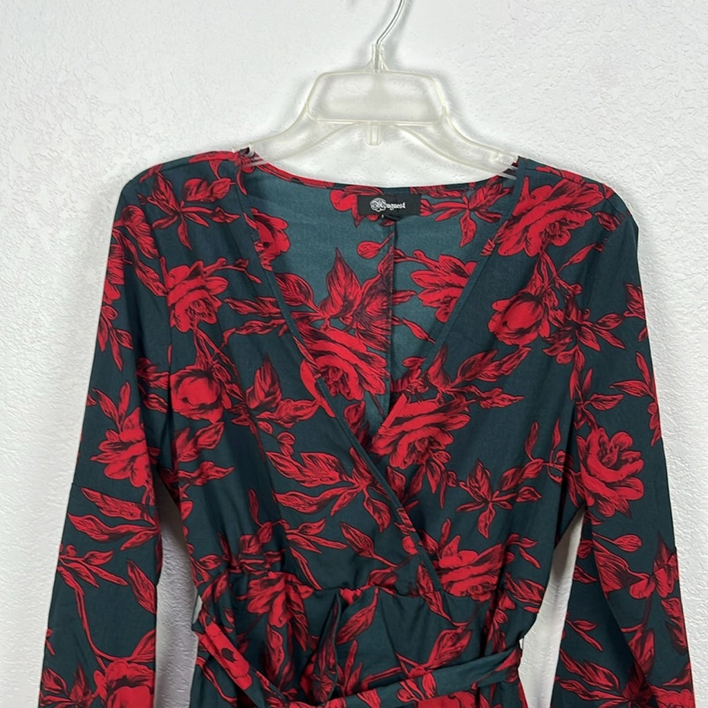 Women’s Black Red Floral  Mini Dress With Belt Long Sleeves Ruffled Sz L Witchy