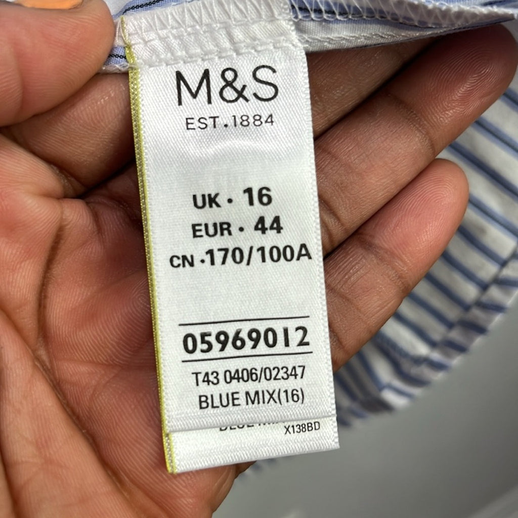 M&S Collection Womens Blue Mix Top ButtonDown Short Sleeve UK 16 (Large) Striped