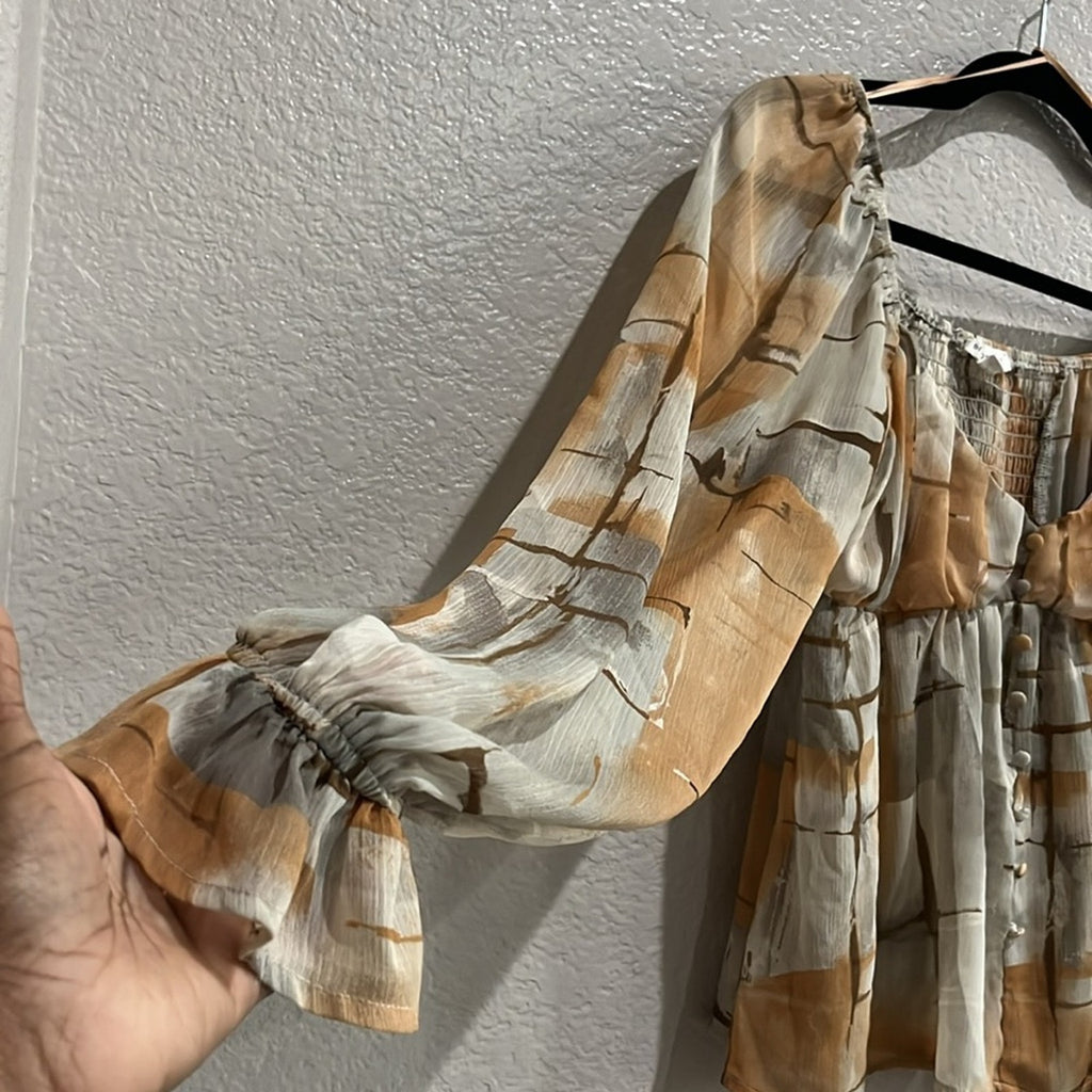 Blu Pepper Womens Cream  Tan Ruffled Long Sleeve Boho Peasant Blouse Size Small