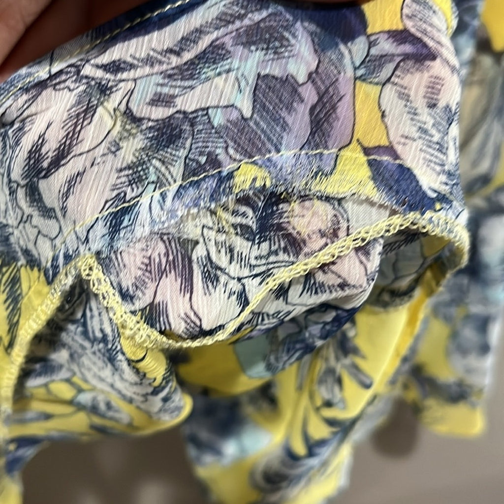 Tommy Hilfiger Size XL Dress Yellow Blue Floral Chiffon Off-the-Shoulder Vacay
