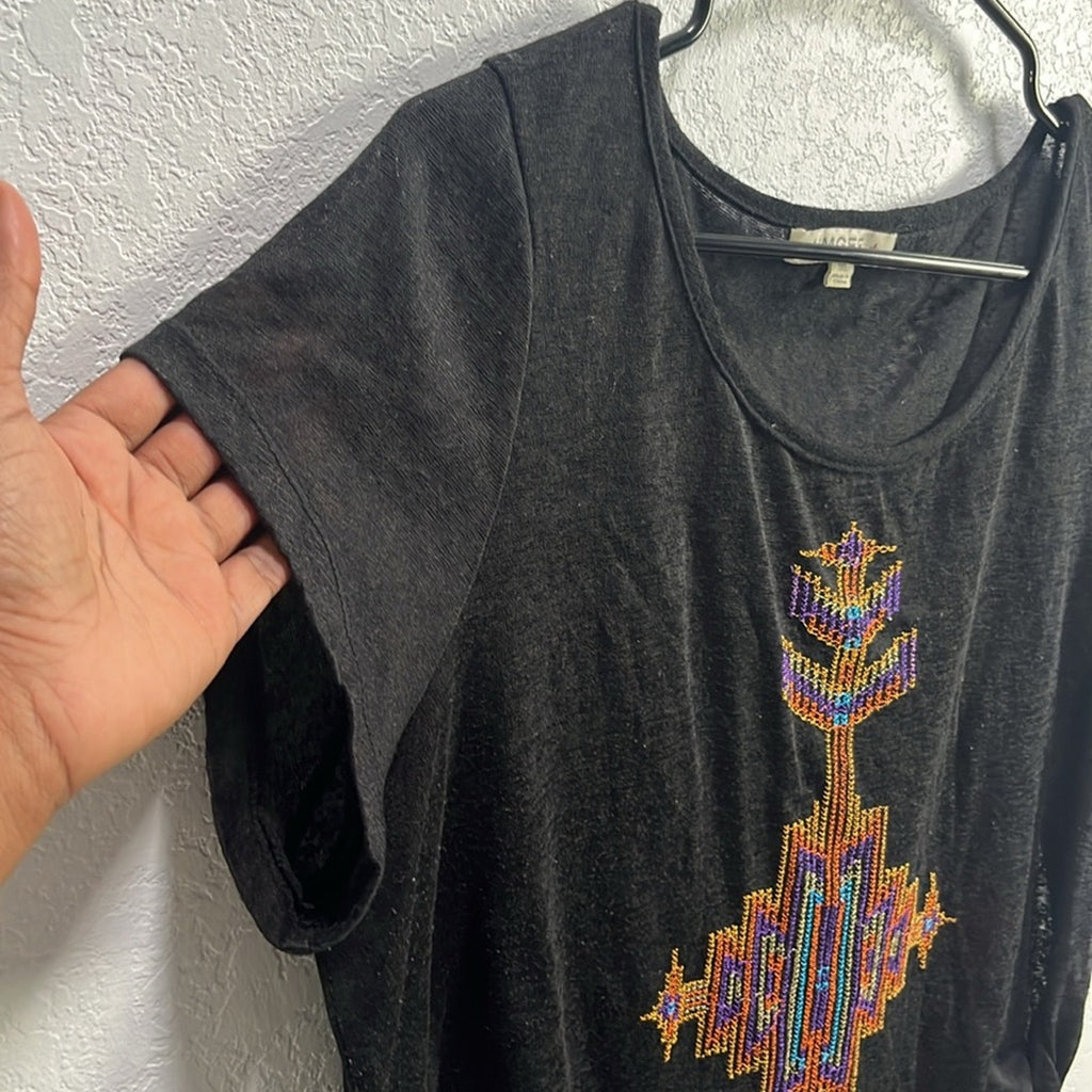 Umgee Women’s Black Embroidered Multi Color Detail  Art Cap Sleeve Tee Sheer 1XL