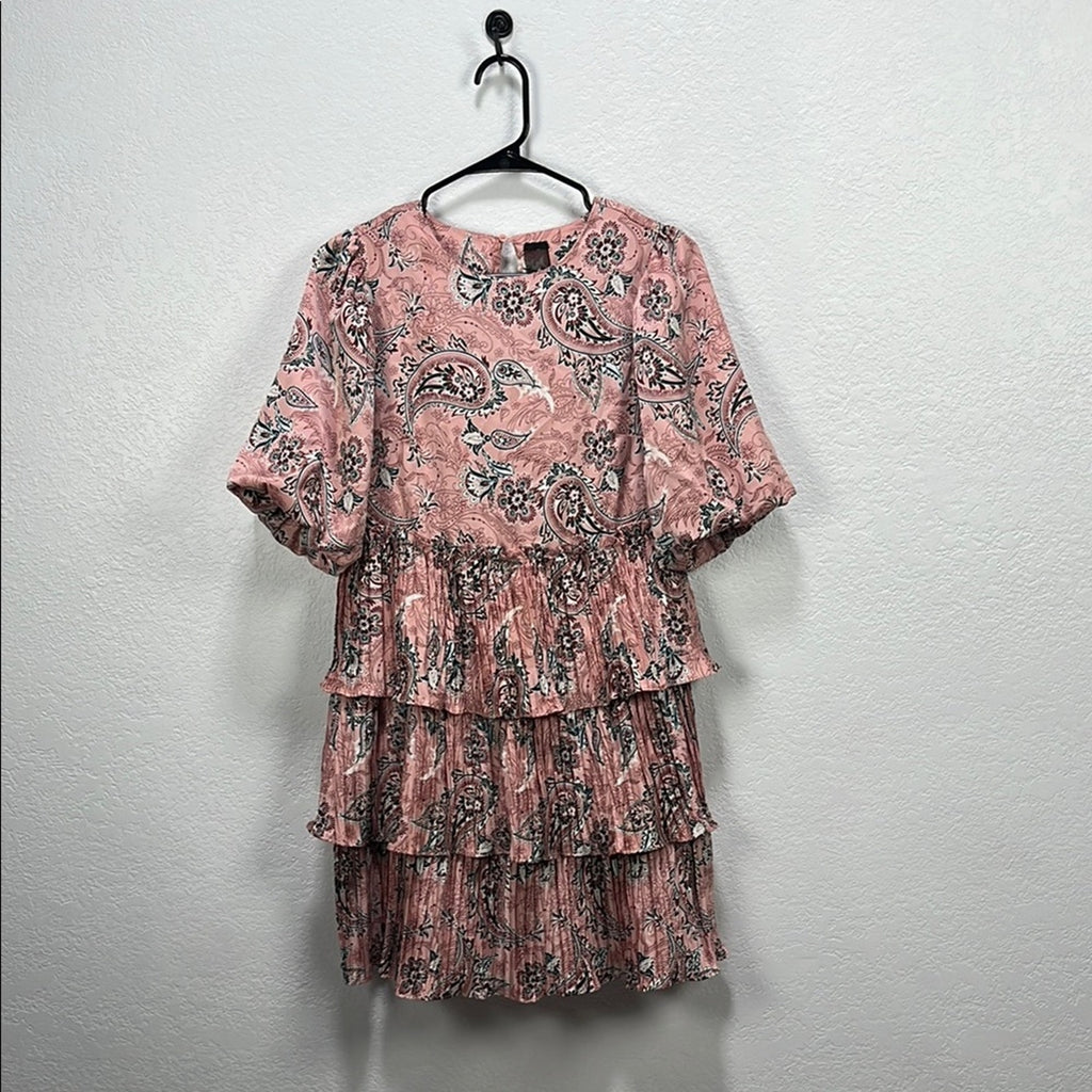 CODE X MODE Pink Paisley Ruffle Balloons Sleeve Dress Sz XS Floral Pink Tiered