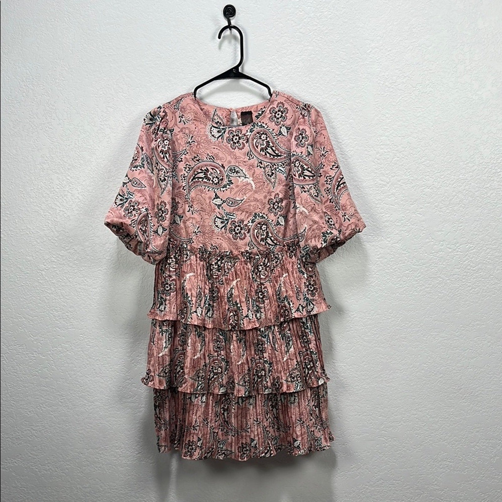 CODE X MODE Pink Paisley Ruffle Balloons Sleeve Dress Sz XS Floral Pink Tiered