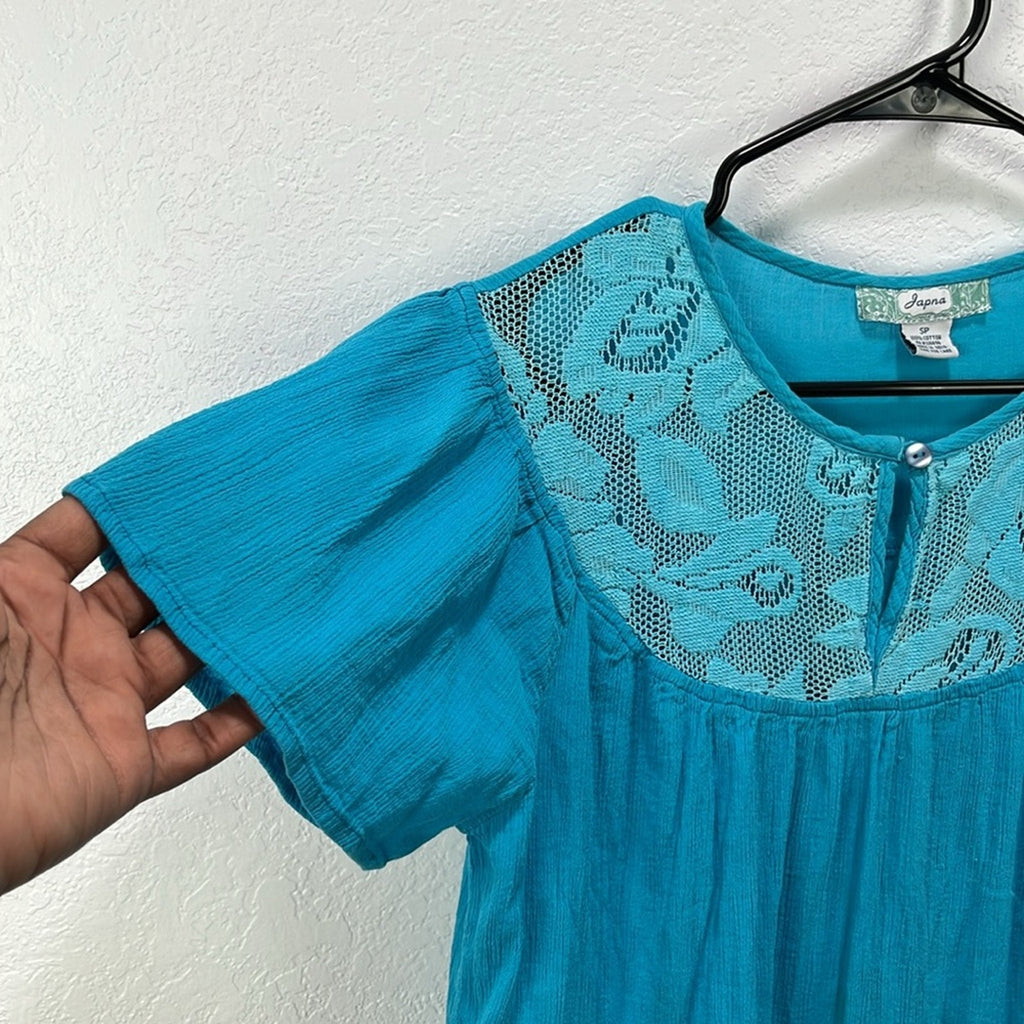 Japna Women’s Teal Dress Ruffle Short Sleeve Lace Cotton Effortless Midi Sz SP