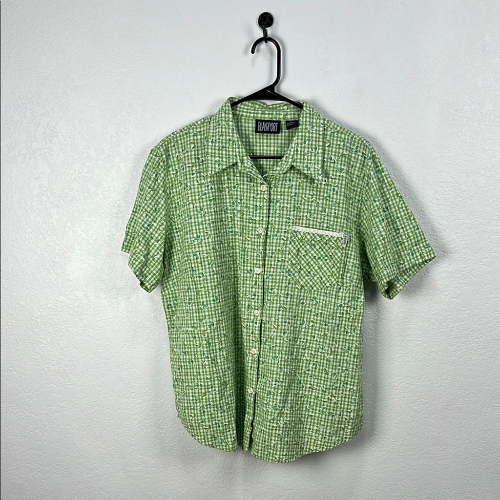 Blassport Women’s Green Casual Button Down Shirt with Floral Print Cotton Sz XL