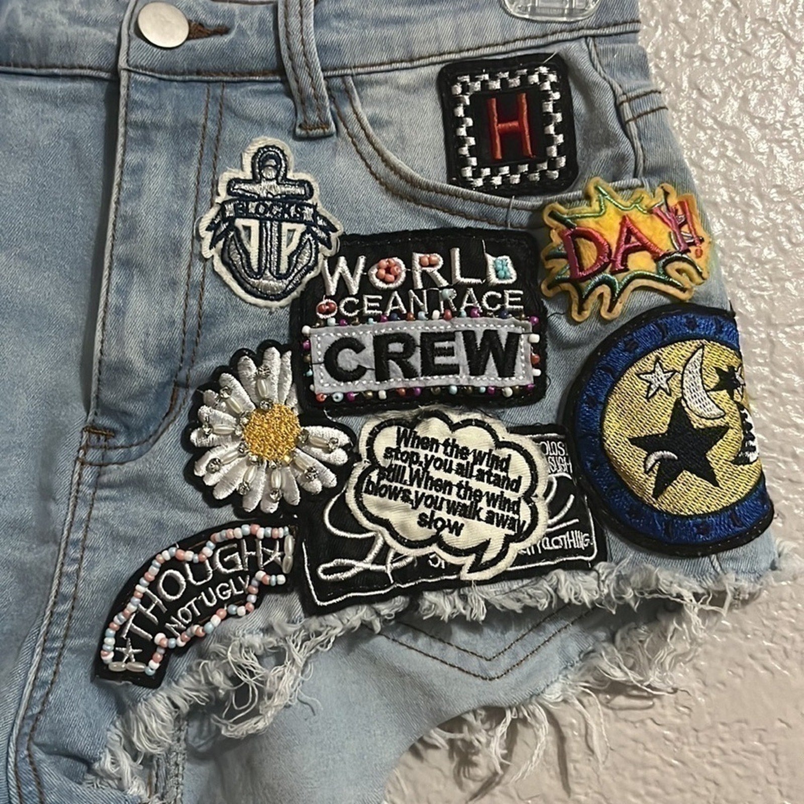 Hot & Delicious Denim Jean Shorts Size Small Stretchy With Artful Patches