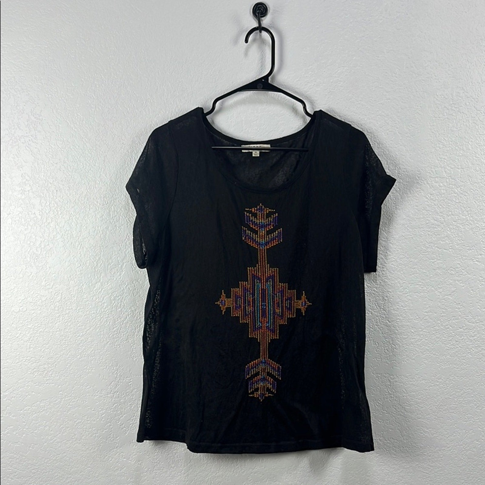 Umgee Women’s Black Embroidered Multi Color Detail  Art Cap Sleeve Tee Sheer 1XL