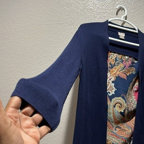 Chico's Midnight Blue Paisley Woven Back Cardigan Sweater Top Chico's 0(Small)