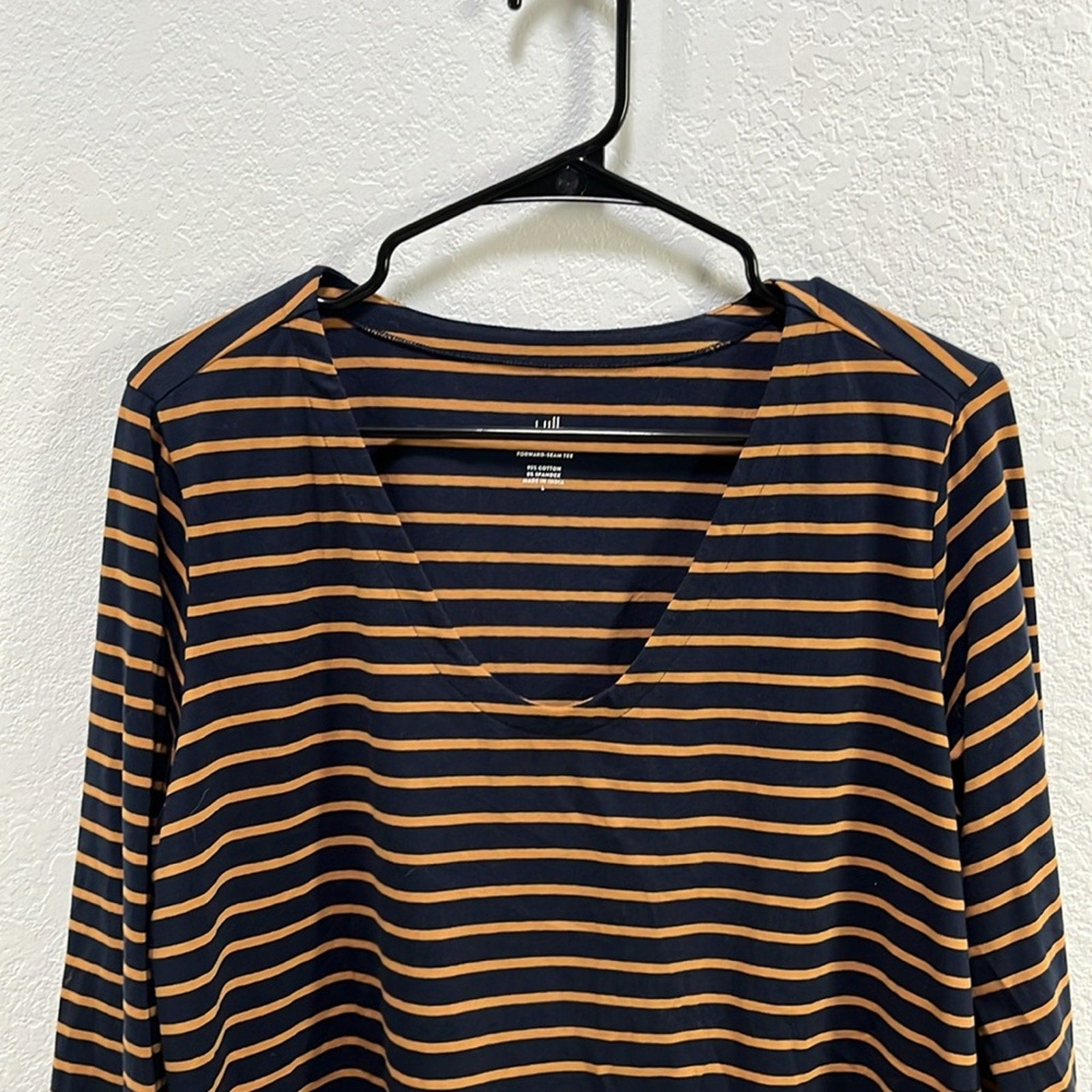 J. Jill Women’s Blue  Orange Striped 3/4 Sleeve Boxy Top   Sz L Cotton Blend