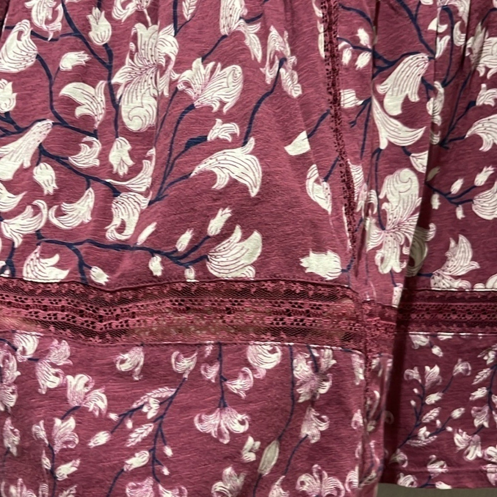 Lucky Brand Burgundy Cream Floral Long Sleeve Blouse Size S Boho Cottage Core