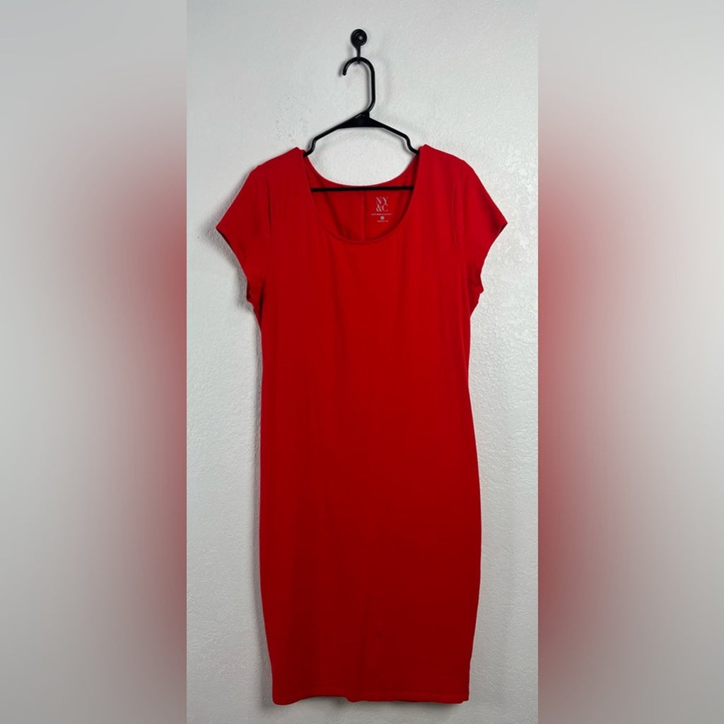 New York & Company Womens Vibrant Red Orange Midi Shirt Dress Short Sleeve Sz XL