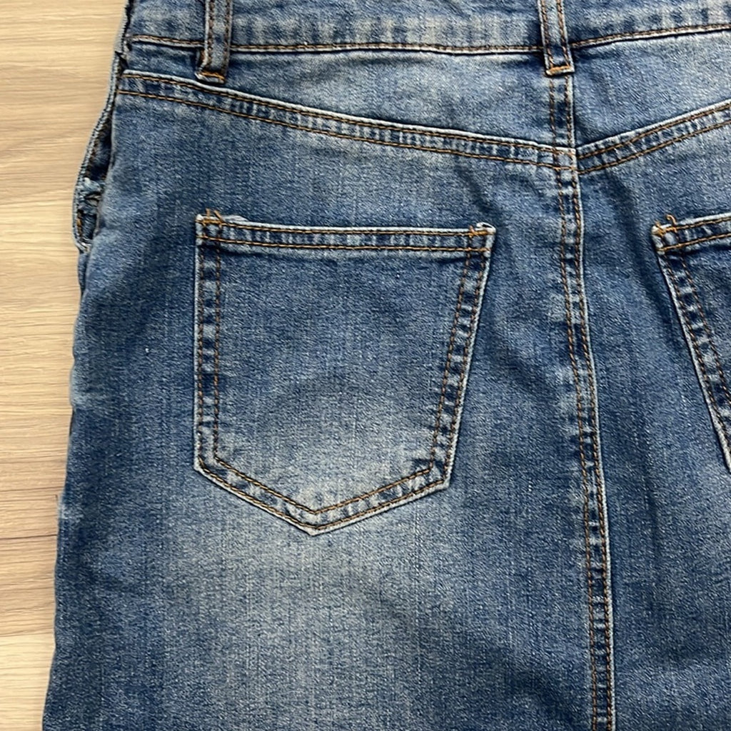 Refuge Blue Denim Overall Mini Skirt Fringe Hem Street Wear Cotton Blend Sz S