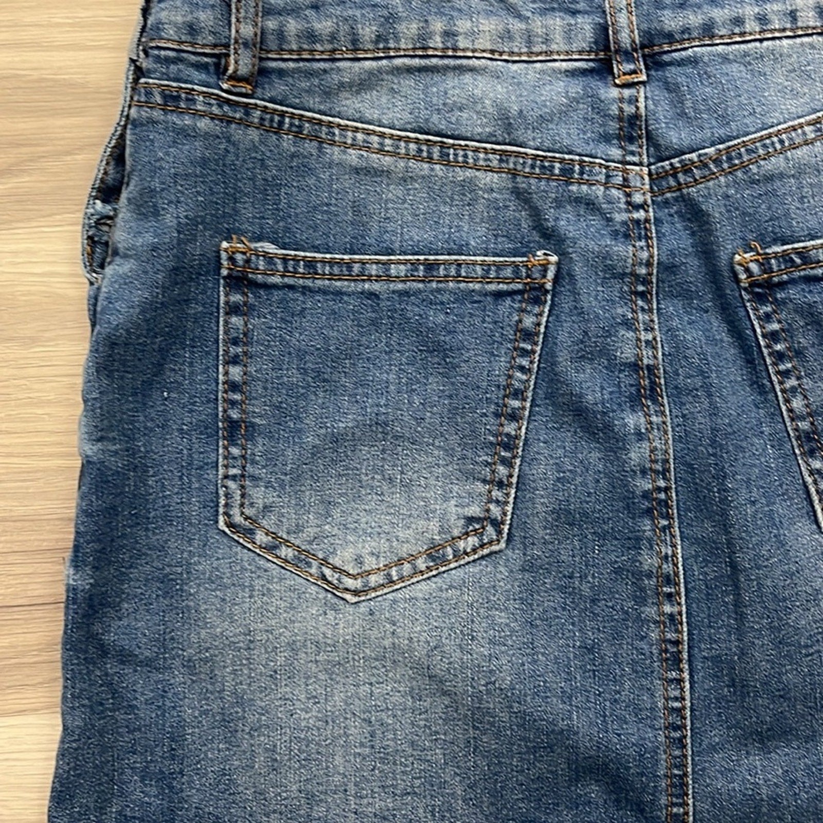 Refuge Blue Denim Overall Mini Skirt Fringe Hem Street Wear Cotton Blend Sz S