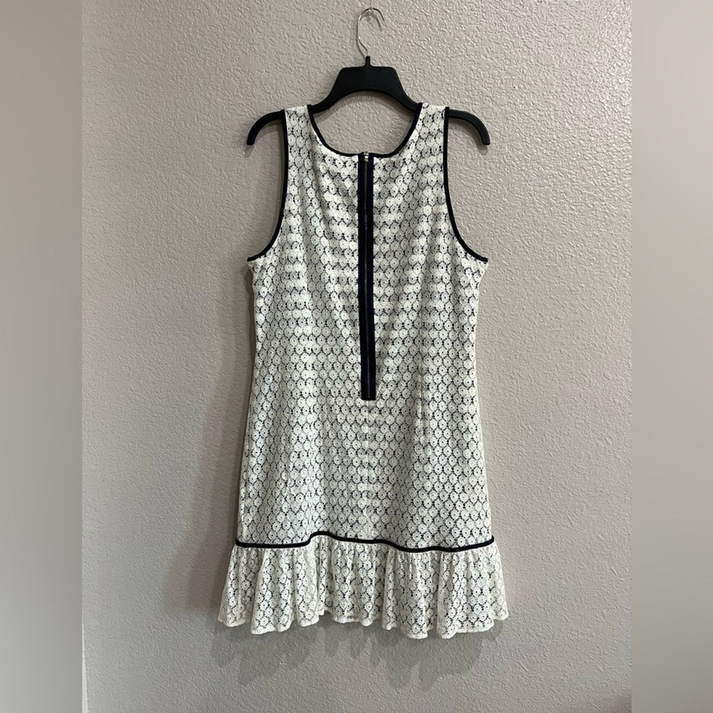 J. Taylor Navy Cream Striped Dress Sz 16 Lace Crochet Pleated Hem Nautical