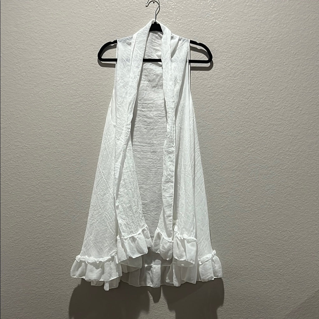 White Long Vest Layering Piece One Size Long Ruffle Hemline Sleeveless Coverup