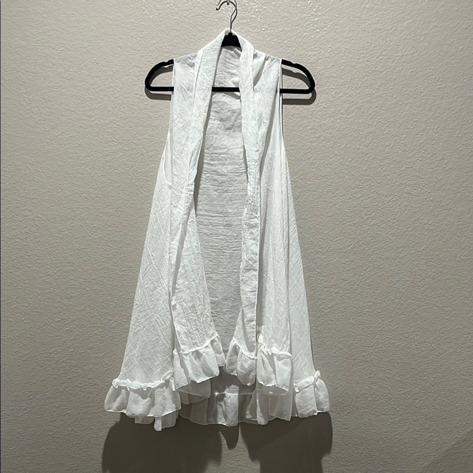 White Long Vest Layering Piece One Size Long Ruffle Hemline Sleeveless Coverup