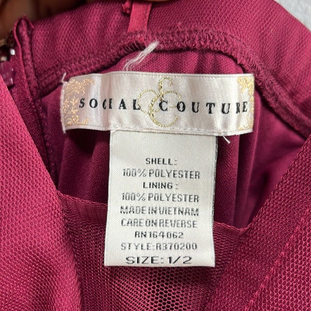 Social Couture Women’s Burgundy Ruffled Tiered Maxi Dress Formal Sz 1/2 No Belt