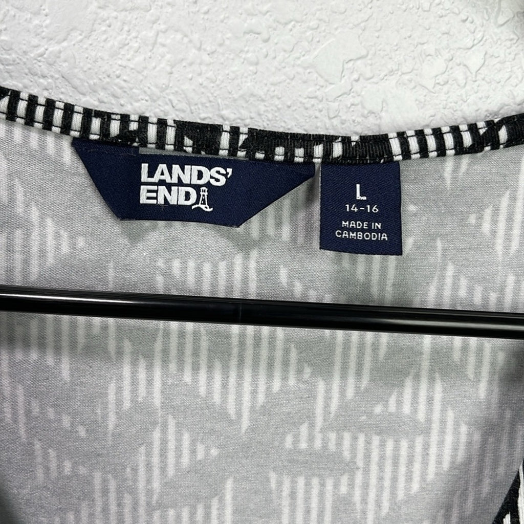 Lands End Dress Sz L(14-16) Black White Striped Floral Sleeveless Front Knot