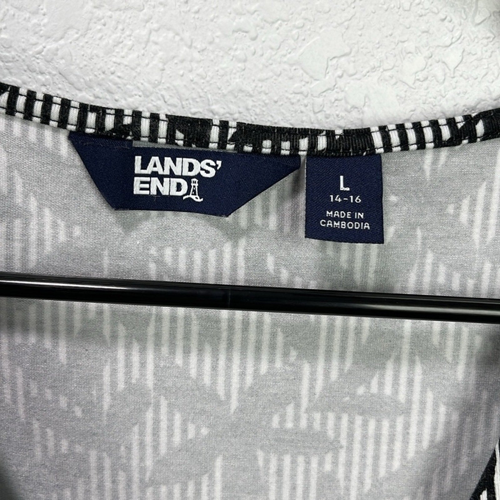 Lands End Dress Sz L(14-16) Black White Striped Floral Sleeveless Front Knot