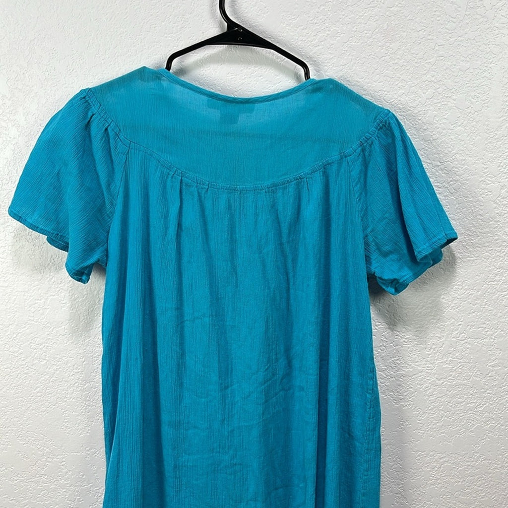 Japna Women’s Teal Dress Ruffle Short Sleeve Lace Cotton Effortless Midi Sz SP