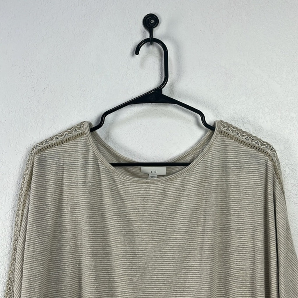 J Jill Linen Blend Top Beige Minimalist Crochet Sleeve Detail Boho Women’s Sz L