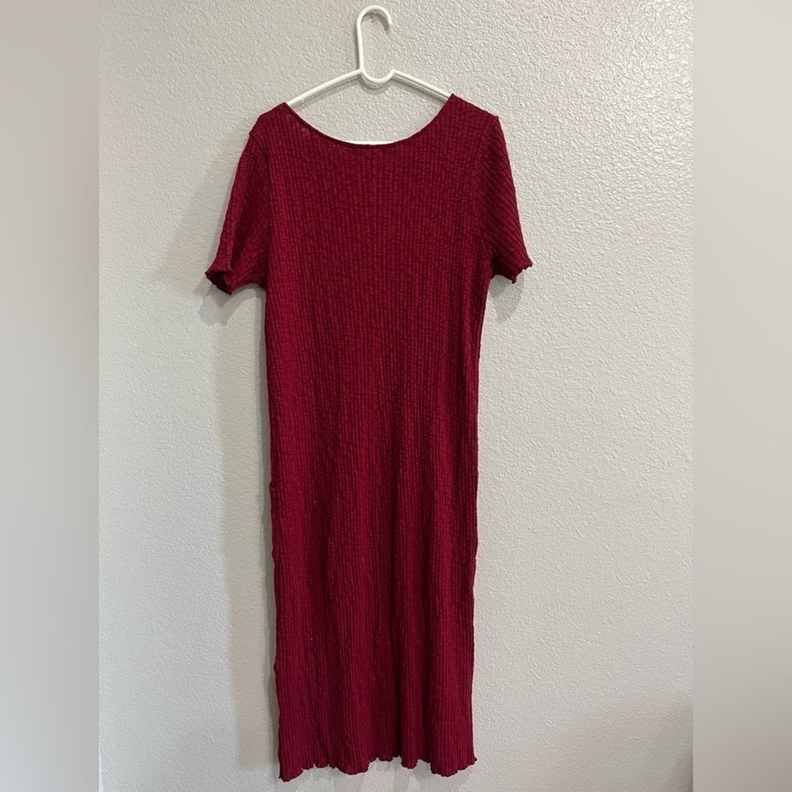 Peridot Women’s Casual maxi Dress Short Sleeve pockets Side Split burgundy Sz2