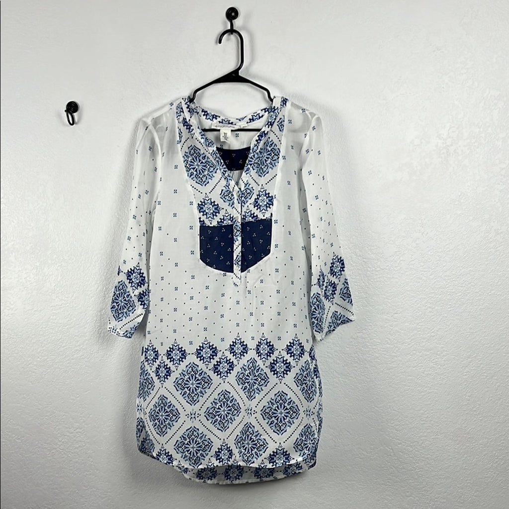 H&M L.O.G.G. Dress Tunic Prairie Boho Smock Women’s Size 12 Blue White Sheer