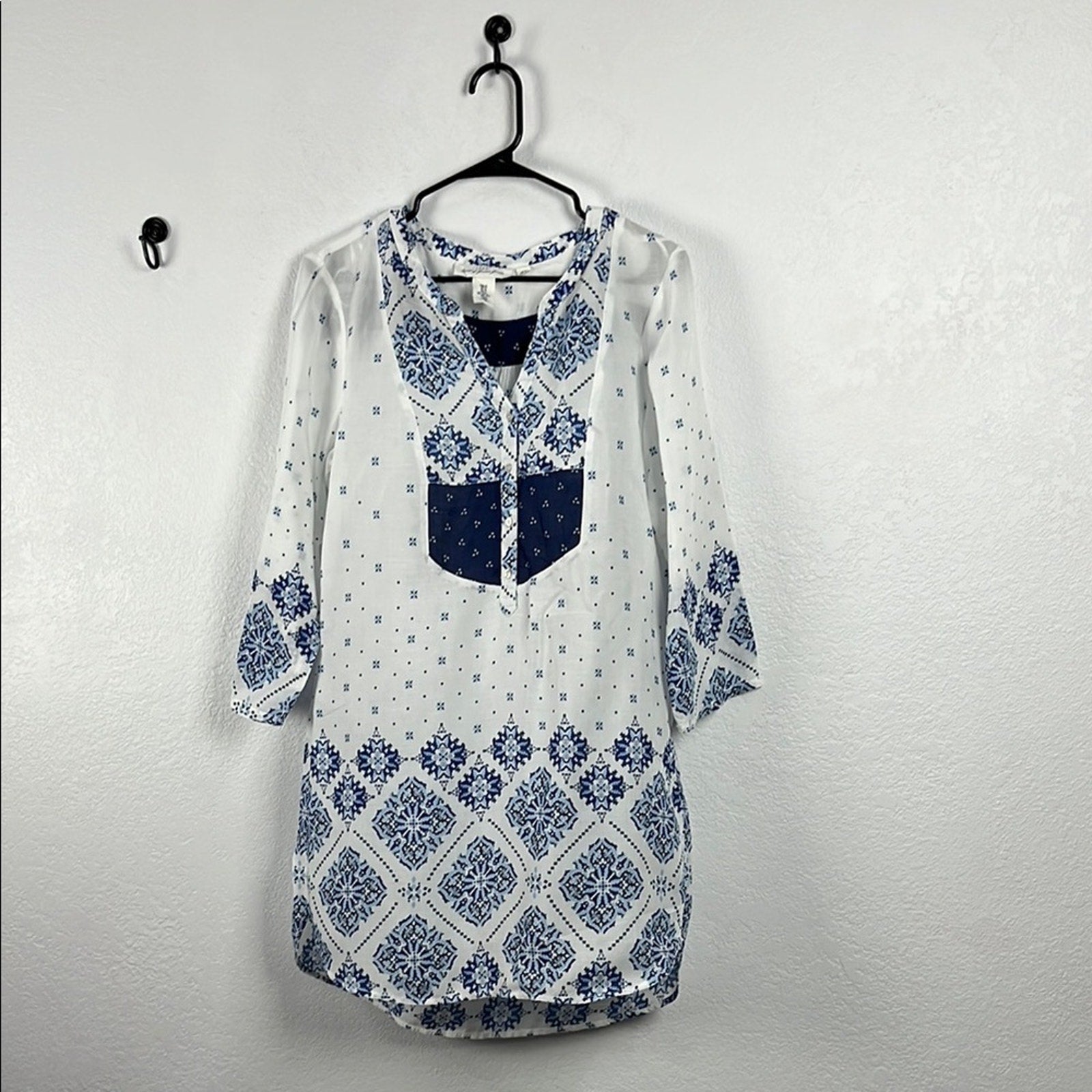 H&M L.O.G.G. Dress Tunic Prairie Boho Smock Women’s Size 12 Blue White Sheer