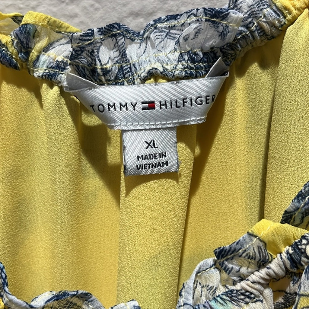 Tommy Hilfiger Size XL Dress Yellow Blue Floral Chiffon Off-the-Shoulder Vacay