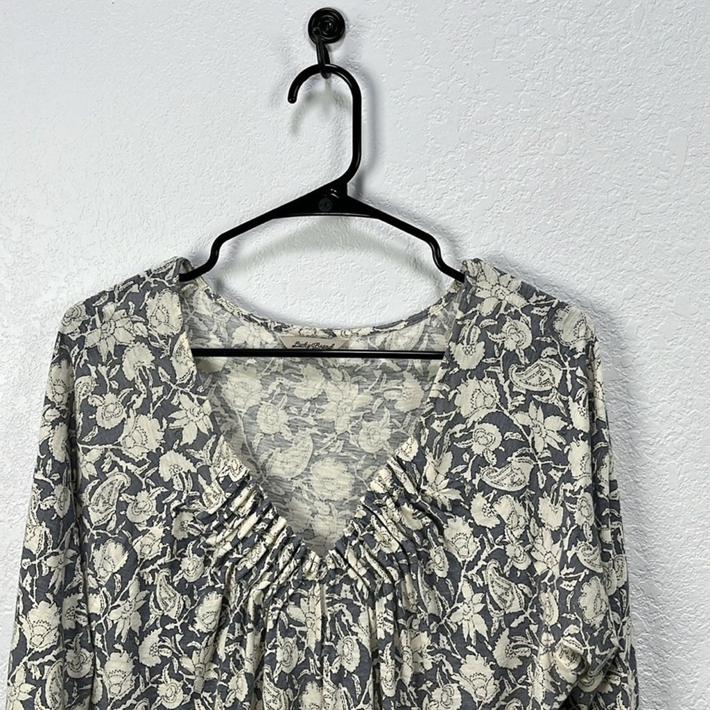 Lucky Brand Boho Grey Print Top Black Tan Split Neck 3/4 Sleeve Size 1X Boho