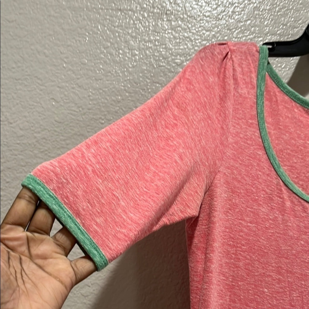 Lula Roe Pink and Green Trim Midi Dress Short Sleeve Size Medium Vaca Summer