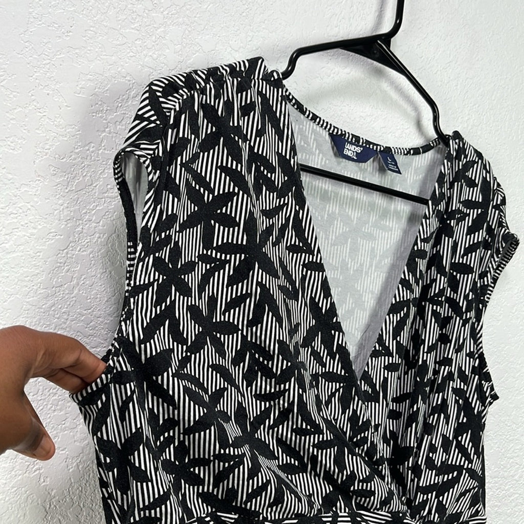 Lands End Dress Sz L(14-16) Black White Striped Floral Sleeveless Front Knot