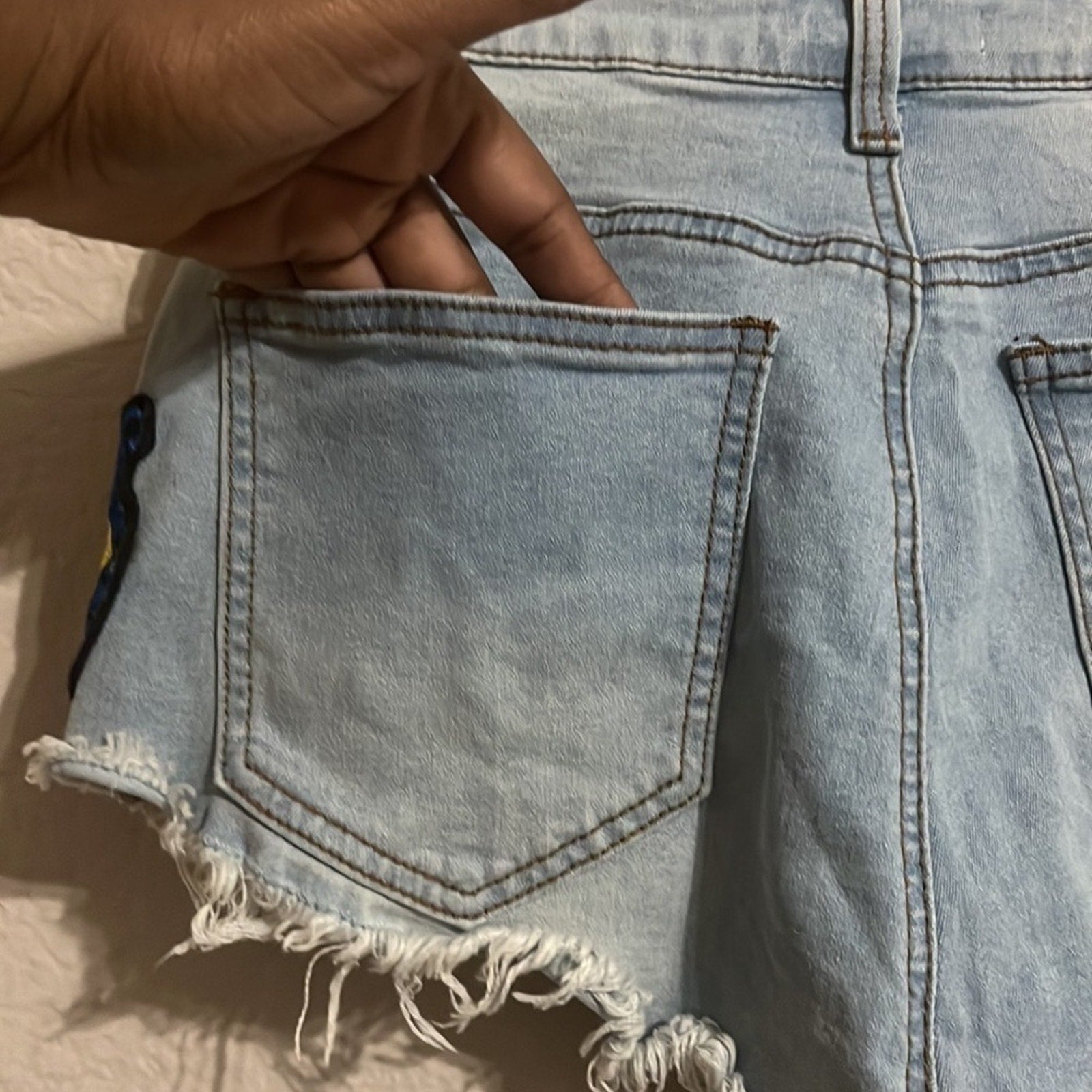 Hot & Delicious Denim Jean Shorts Size Small Stretchy With Artful Patches