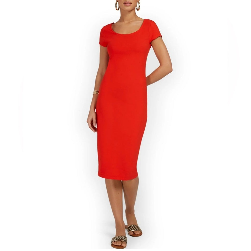 New York & Company Womens Vibrant Red Orange Midi Shirt Dress Short Sleeve Sz XL