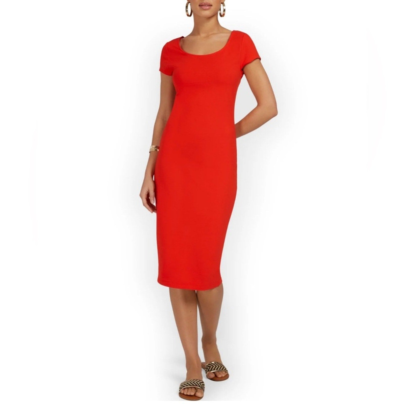 New York & Company Womens Vibrant Red Orange Midi Shirt Dress Short Sleeve Sz XL