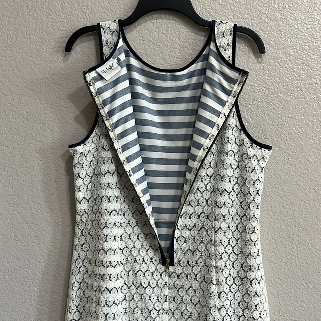 J. Taylor Navy Cream Striped Dress Sz 16 Lace Crochet Pleated Hem Nautical