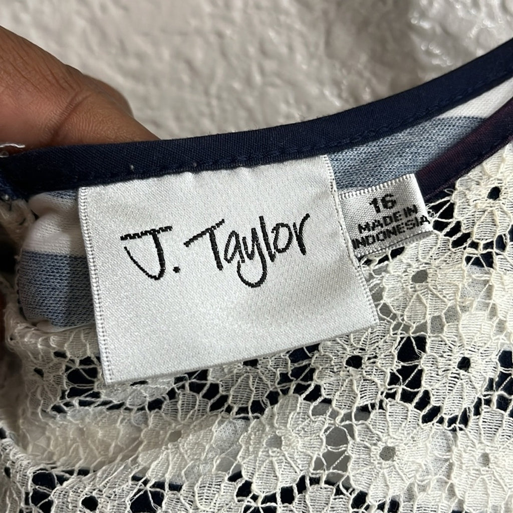 J. Taylor Navy Cream Striped Dress Sz 16 Lace Crochet Pleated Hem Nautical