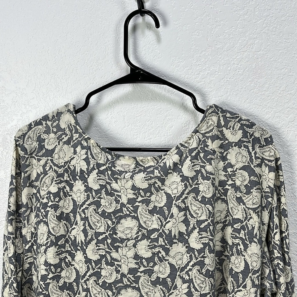 Lucky Brand Boho Grey Print Top Black Tan Split Neck 3/4 Sleeve Size 1X Boho
