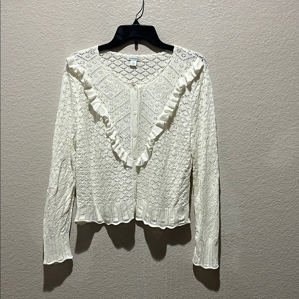 Sundance Crochet Cardigan Sweater Knitted Linen Blend Size L Off White Boho
