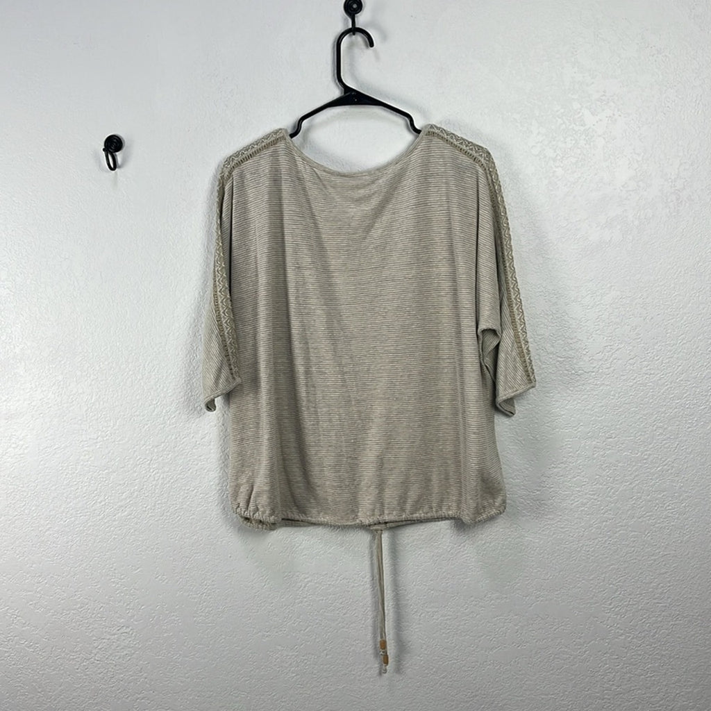 J Jill Linen Blend Top Beige Minimalist Crochet Sleeve Detail Boho Women’s Sz L